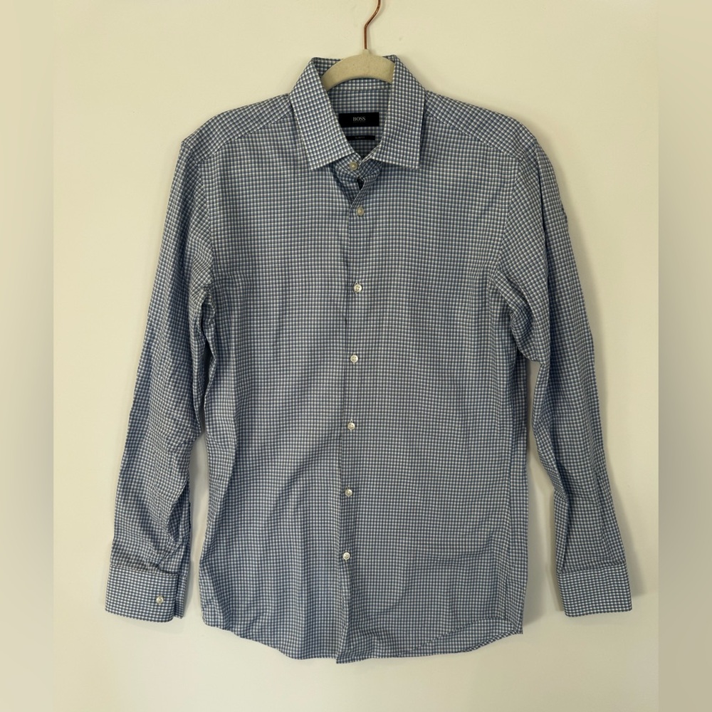 Hugo Boss Men's Slim Fit check Long Sleeve Dress Shirt 15” blue white office